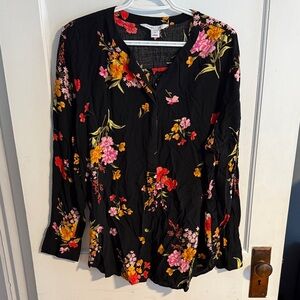 Old Navy Black Floral V-Neck Blouse with Pink & Yellow Accents
